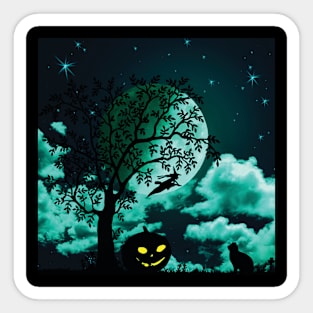 Halloween Cat Under Moonlight and Stars Sticker